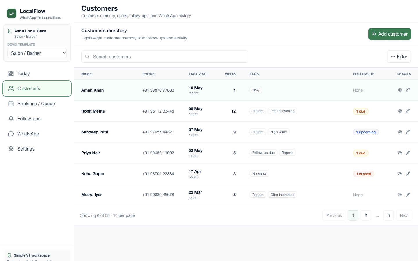 Customers screen from LocalFlow product.