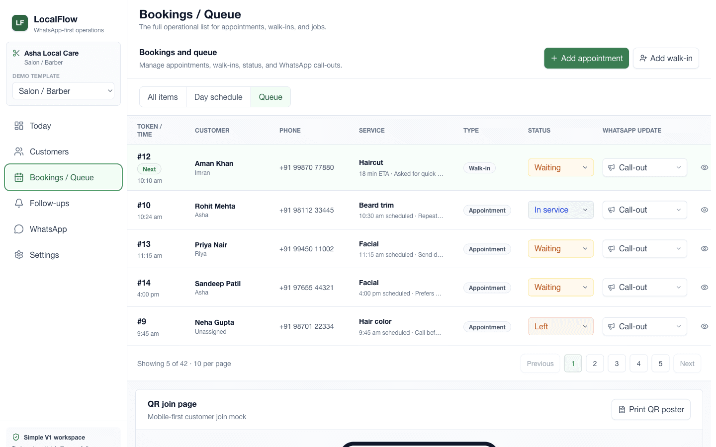 Queue screenshot from LocalFlow product