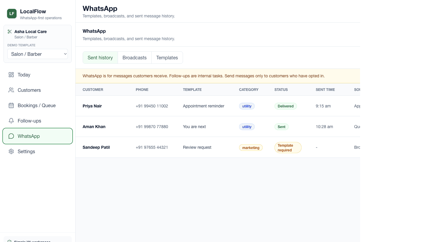 WhatsApp screenshot from LocalFlow product